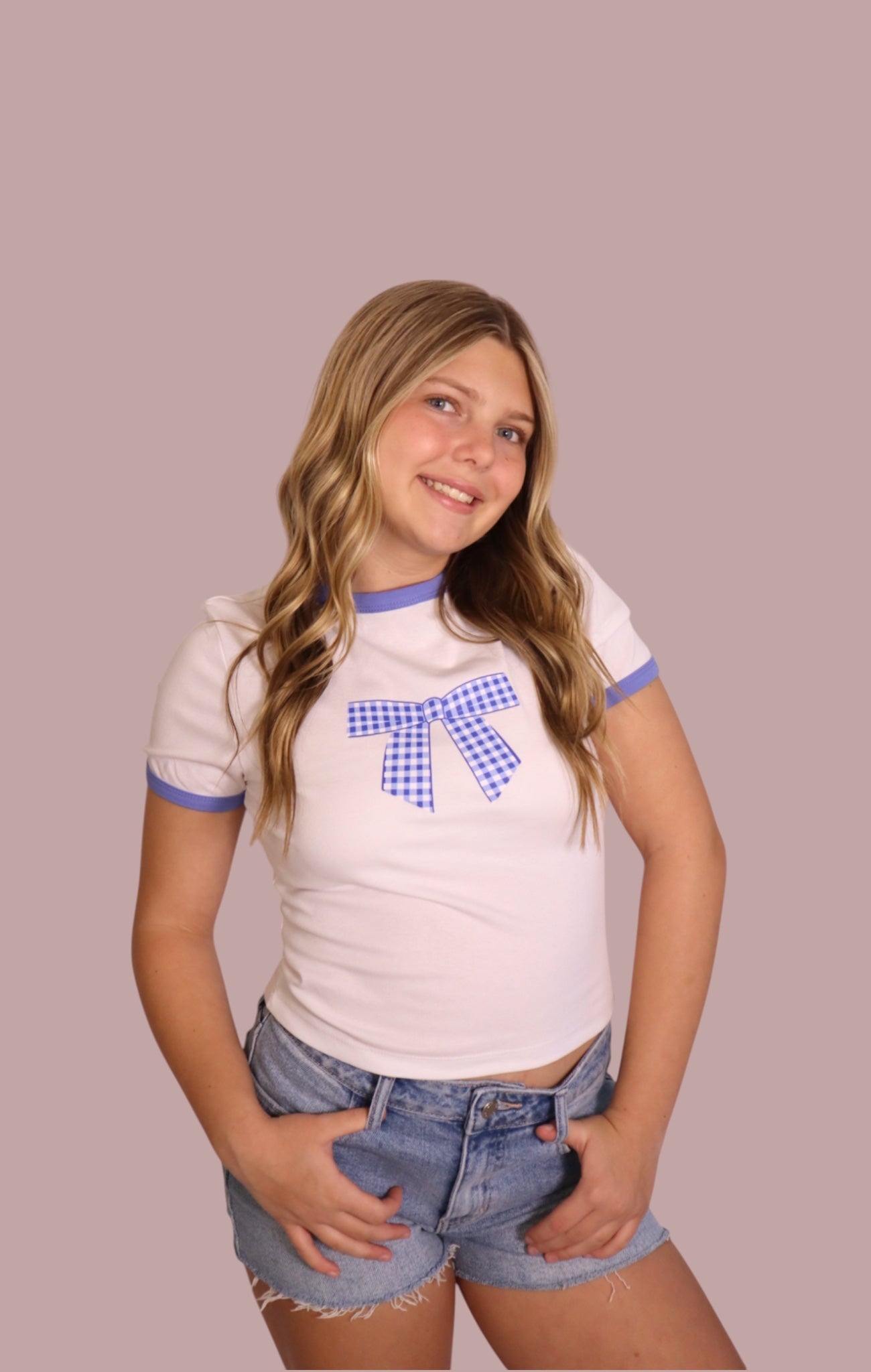 Blue Gingham Bow Baby Tee for teen girls – Shop The Headliner