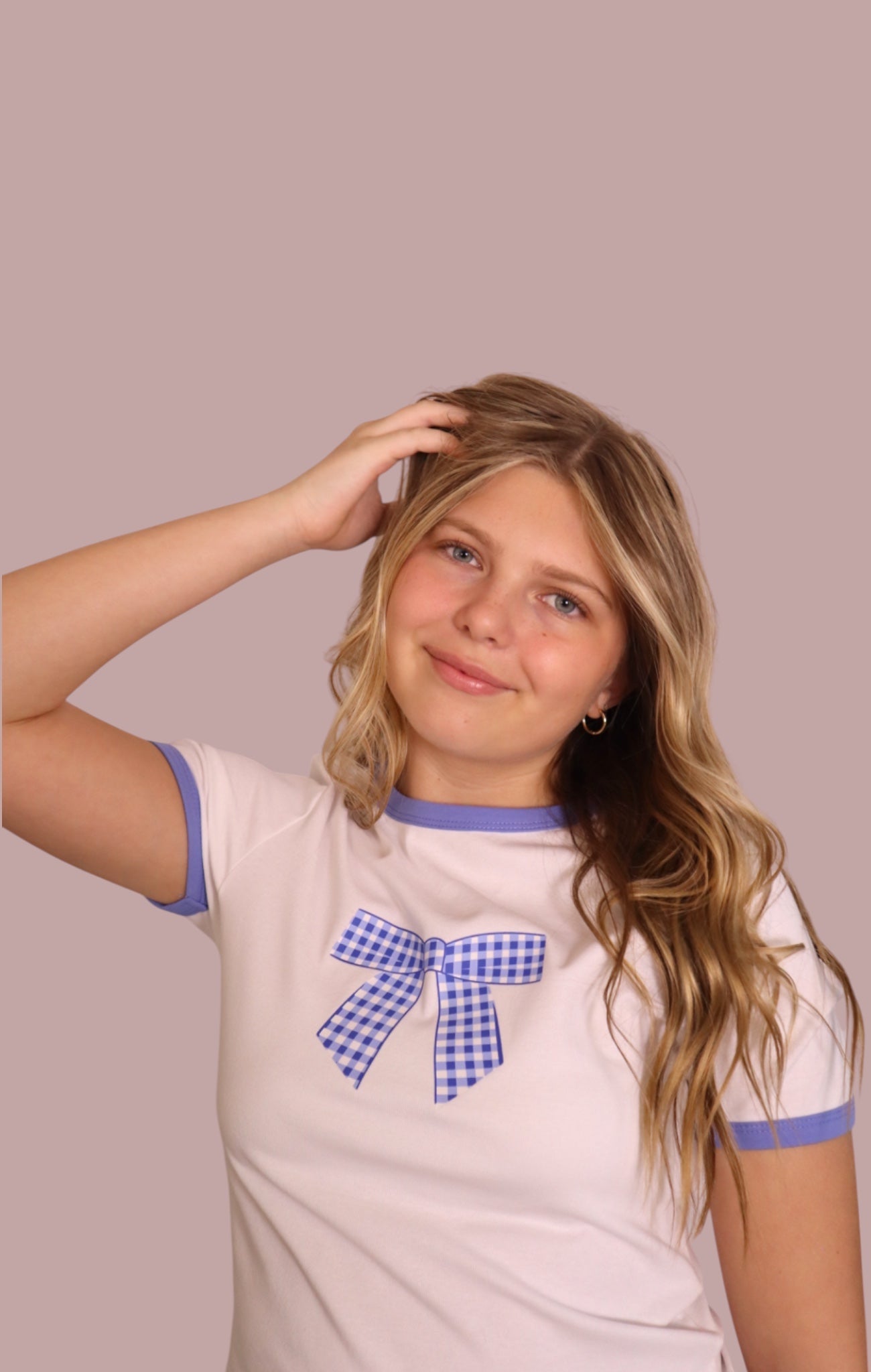 Blue Gingham Bow Baby Tee for teen girls – Shop The Headliner