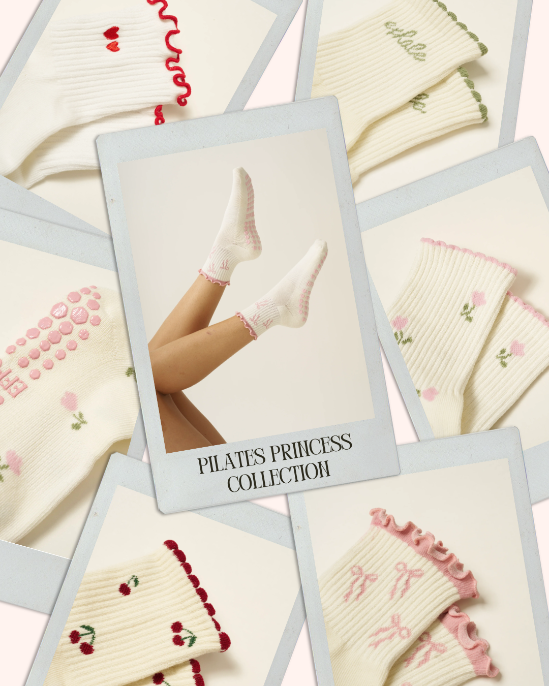 Collage of embroidered socks with 'Pilates Princess Collection' text overlay.