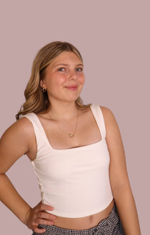 Basic white fitted cropped tank with square neckline and thin straps