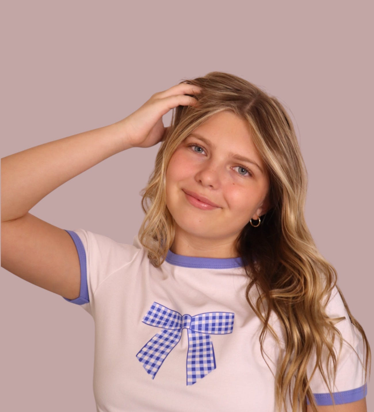 Blue Gingham Bow Baby Tee for teen girls – Shop The Headliner