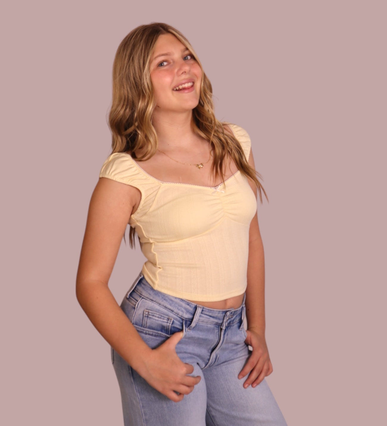 Butter Yellow Lace Bow Lined Cap Sleeve Top for teen girls – Shop The Headliner