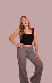 Dark gray gingham wide-leg drawstring pants with elastic waist and full wide legs